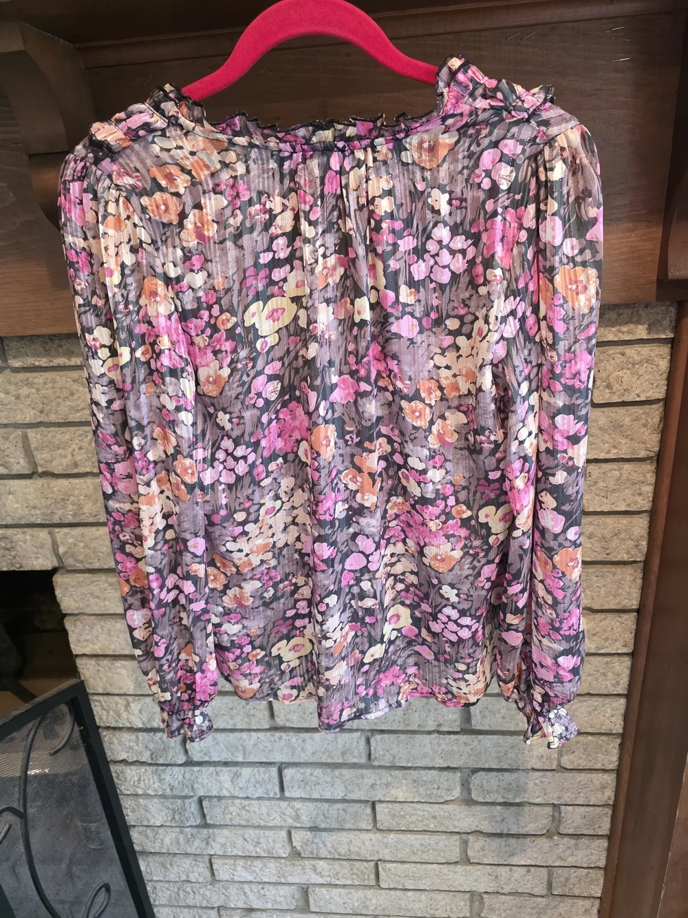 Umgee Sheer Floral Ruffle Blouse - Pink, Orange, Cream